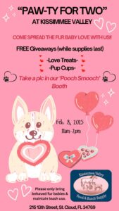 Valentine's themed flyer with dog and hearts on it - Paw-ty for Two is Feb 8th from 11-2pm